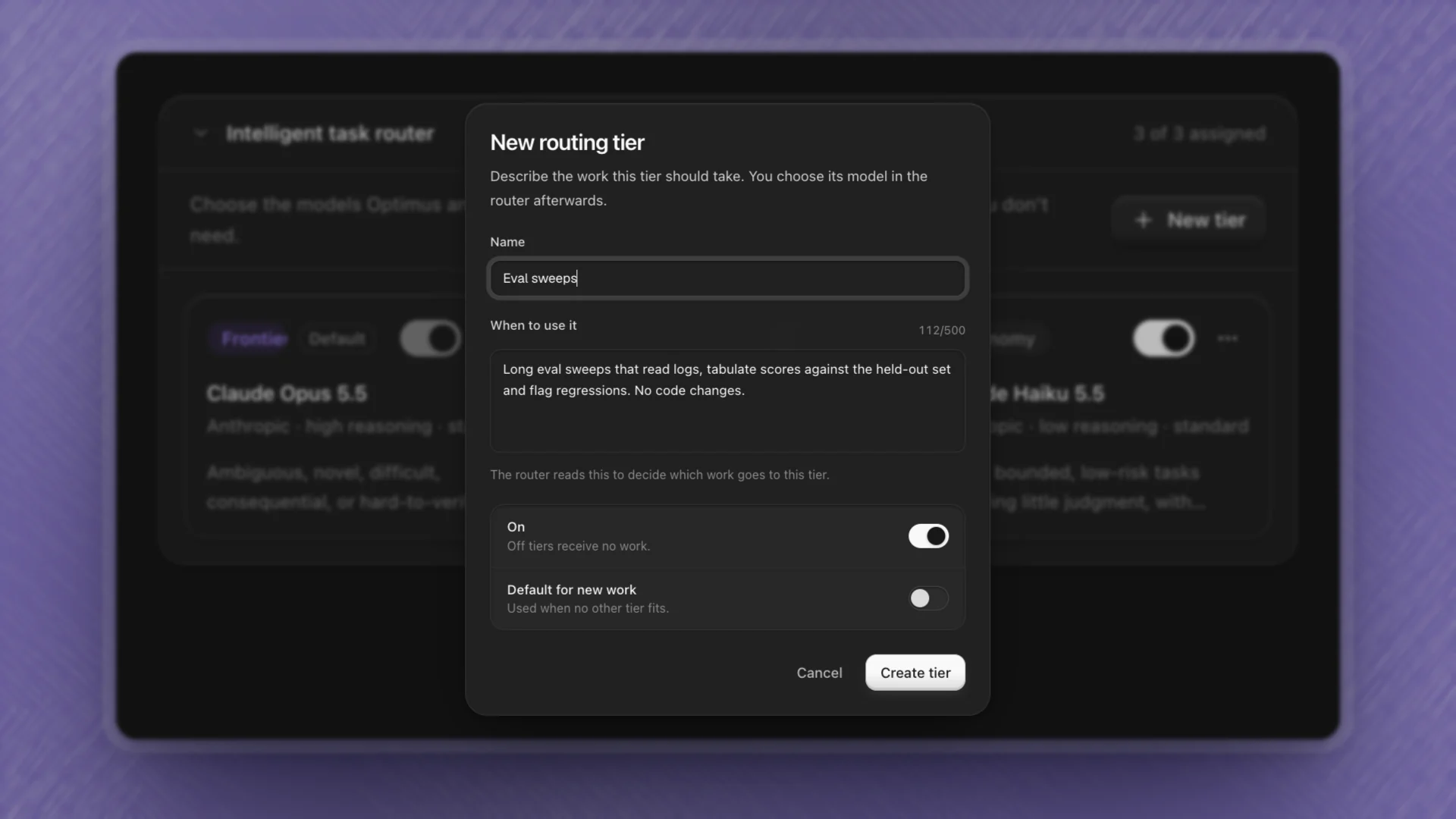 The New routing tier dialog with the name Eval sweeps, a description of when to use it, and switches for On and Default for new work