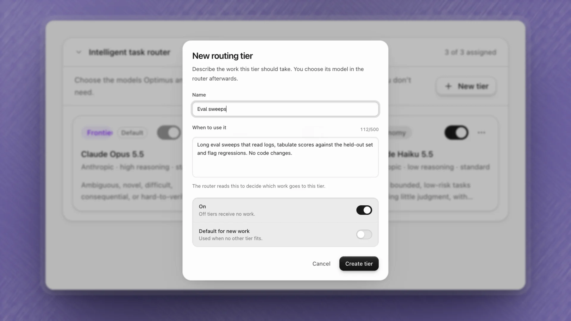 The New routing tier dialog with the name Eval sweeps, a description of when to use it, and switches for On and Default for new work