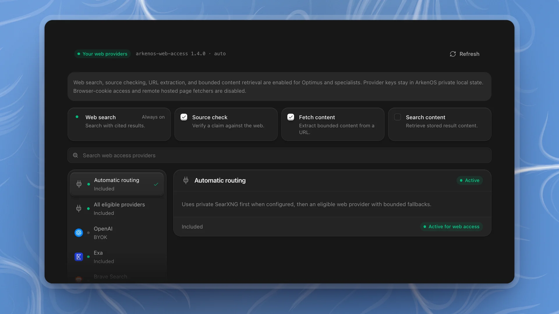 The Web access tab: four web tools, then the provider list beside the Automatic routing card, marked Active for web access