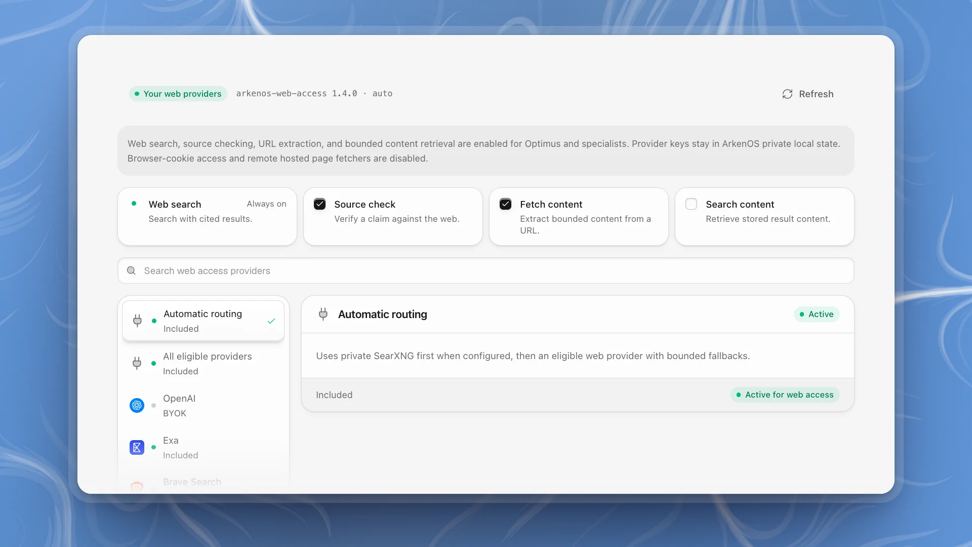 The Web access tab: four web tools, then the provider list beside the Automatic routing card, marked Active for web access