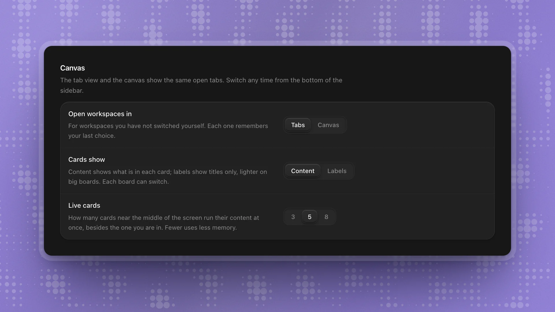 Workspace settings: Canvas with Open workspaces in set to Tabs, Cards show set to Content, and Live cards set to 5