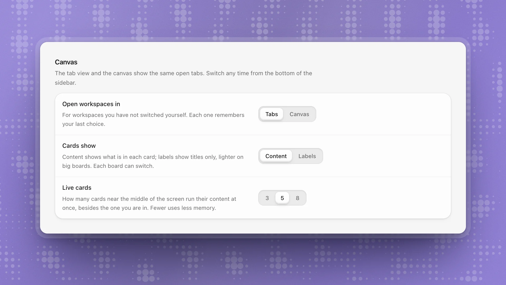Workspace settings: Canvas with Open workspaces in set to Tabs, Cards show set to Content, and Live cards set to 5