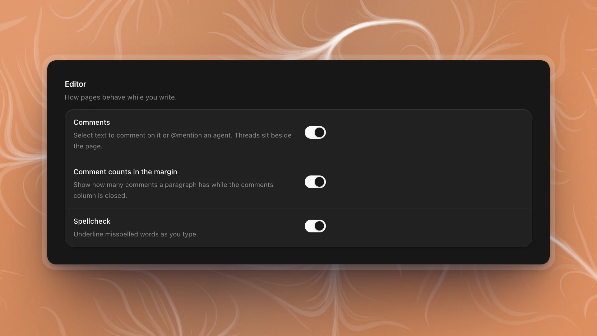 Workspace settings: Editor with Comments, Comment counts in the margin and Spellcheck switched on