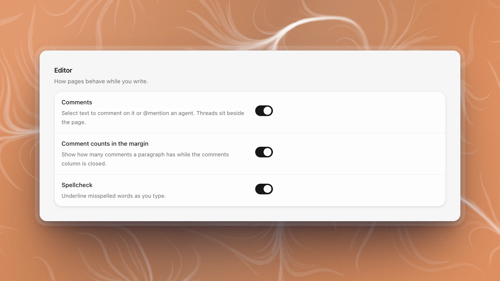 Workspace settings: Editor with Comments, Comment counts in the margin and Spellcheck switched on