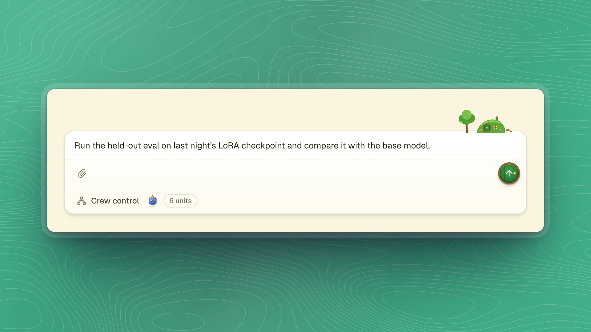 The chat composer in The Shire: a cream page, a hobbit-hole and tree on the composer's edge, and a round green door as the send button