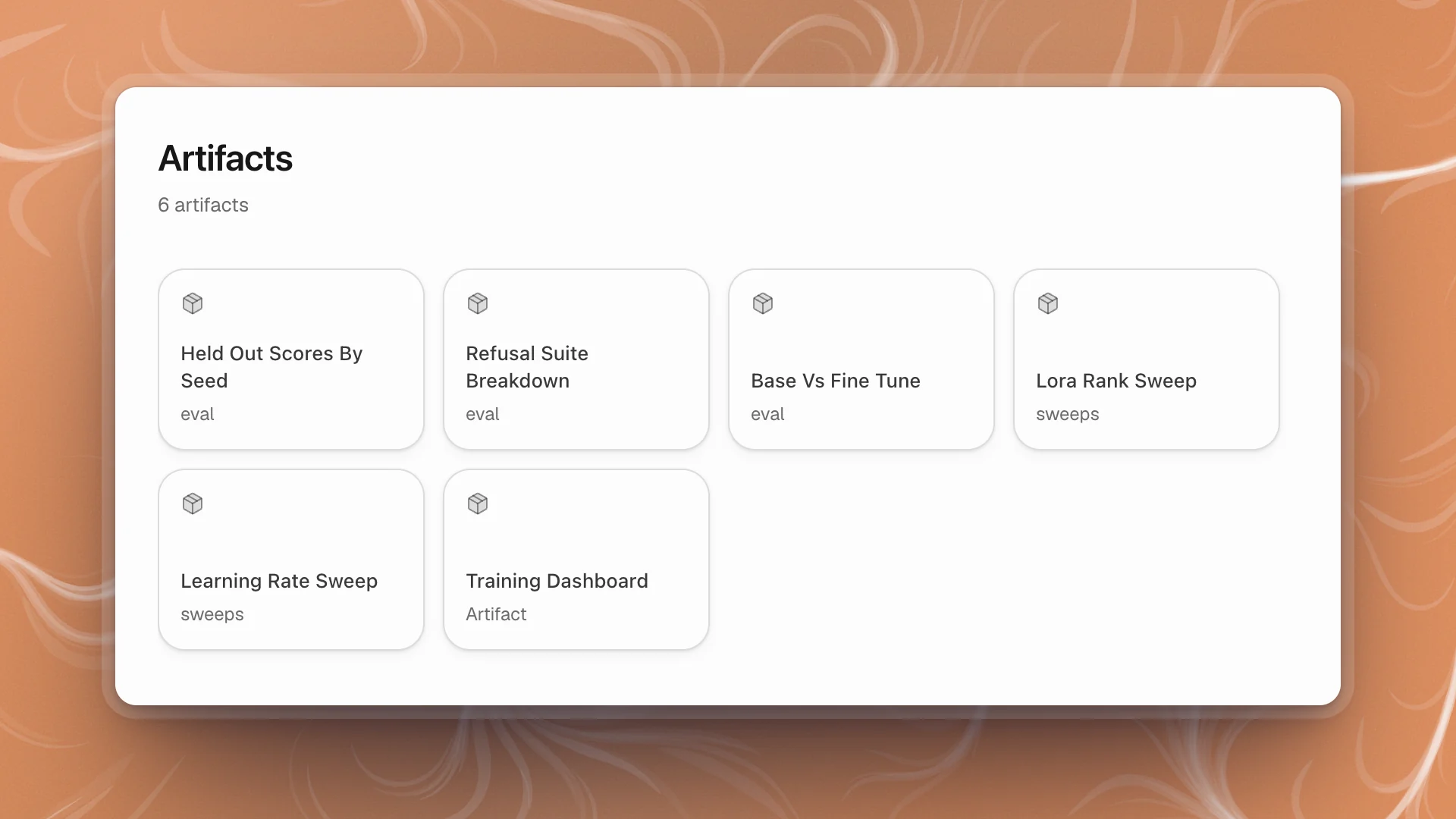 The Artifacts page with six artifacts in eval and sweeps folders