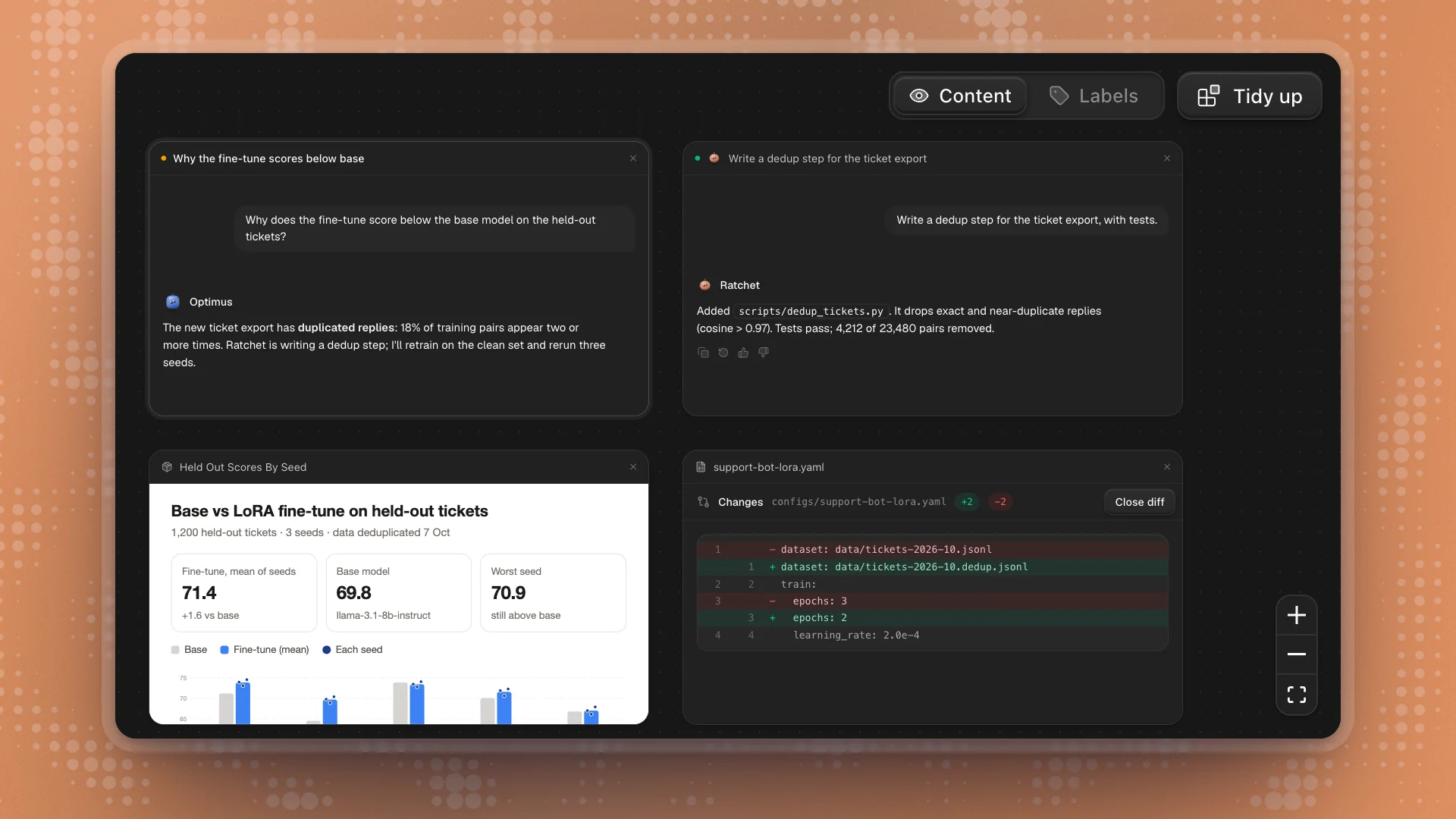 Canvas view with cards gathered under Chats 3 and Pages 2, Content and Labels at the top right next to Tidy up