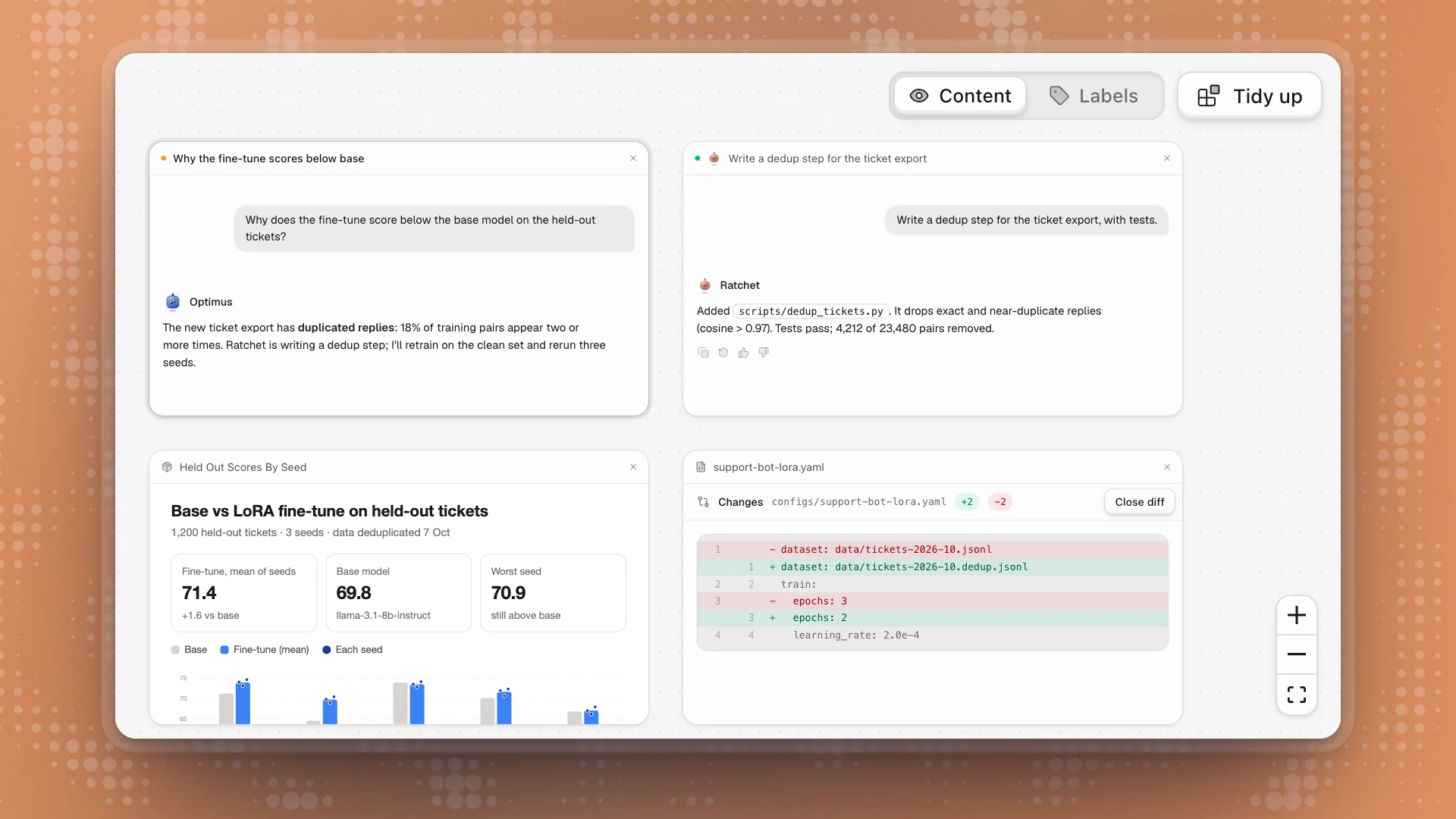 Canvas view with cards gathered under Chats 3 and Pages 2, Content and Labels at the top right next to Tidy up