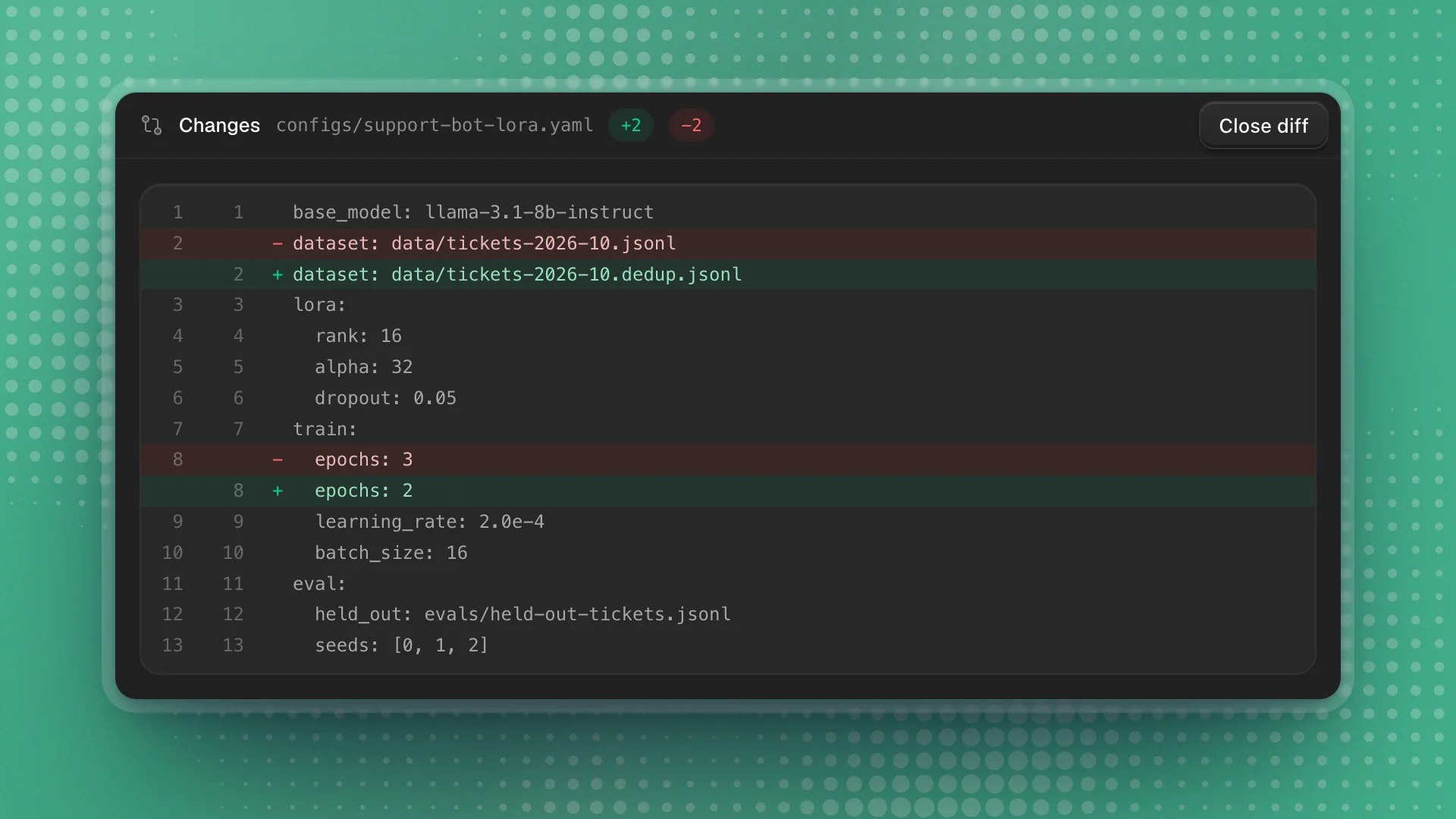 The Changes view: a config file where the dataset path and the epoch count were changed