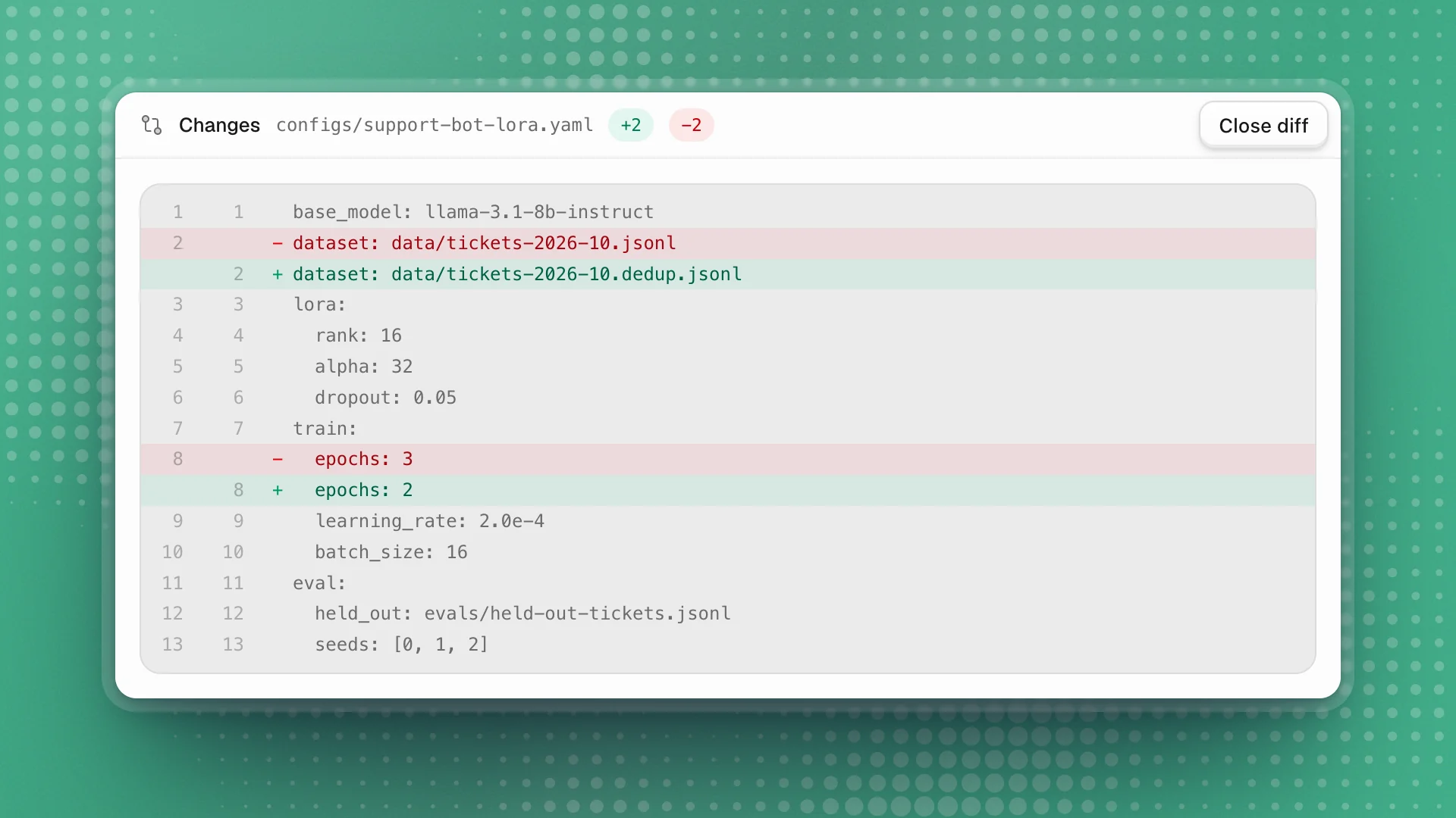The Changes view: a config file where the dataset path and the epoch count were changed