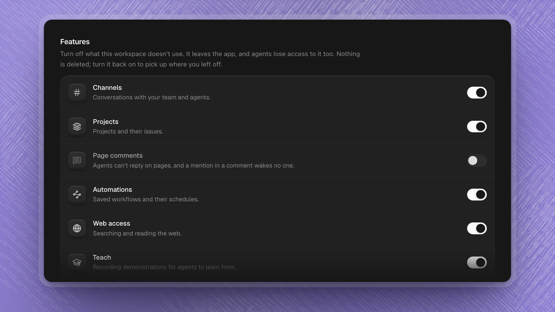 The Features card in Workspace settings with Page comments switched off