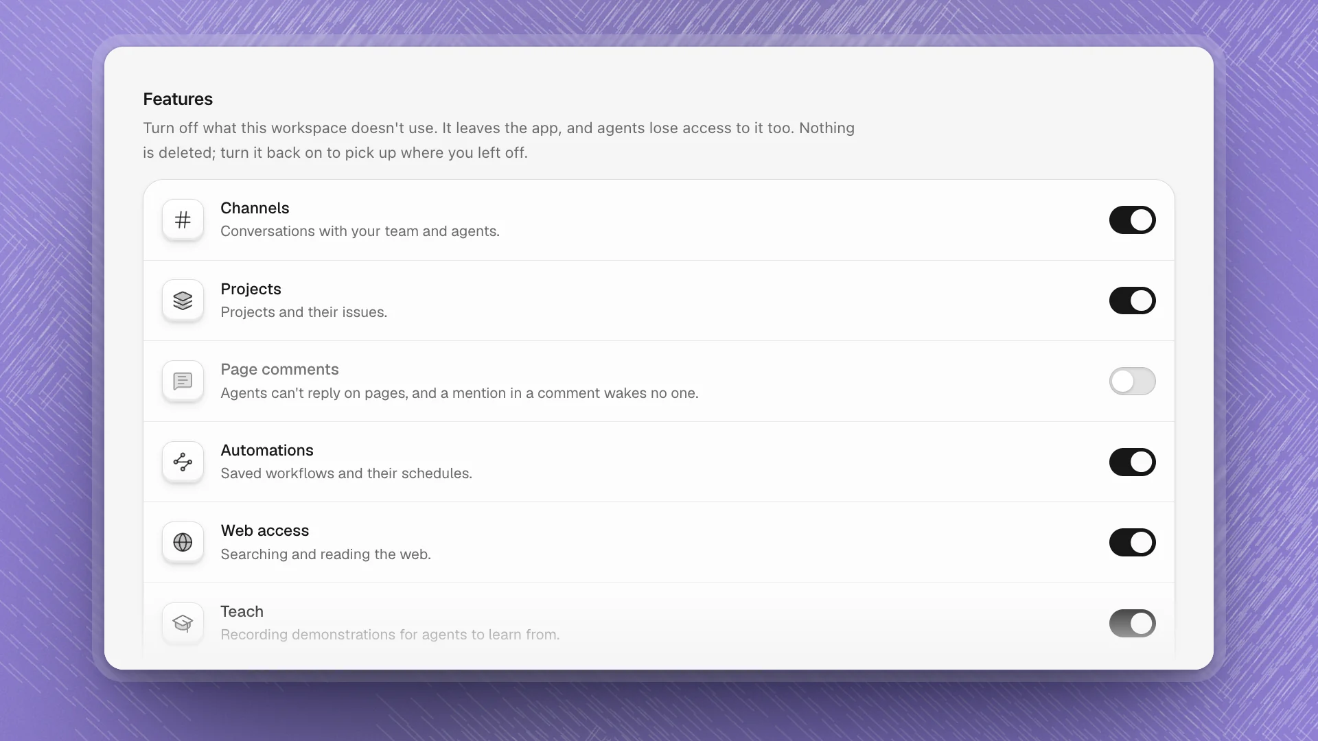 The Features card in Workspace settings with Page comments switched off