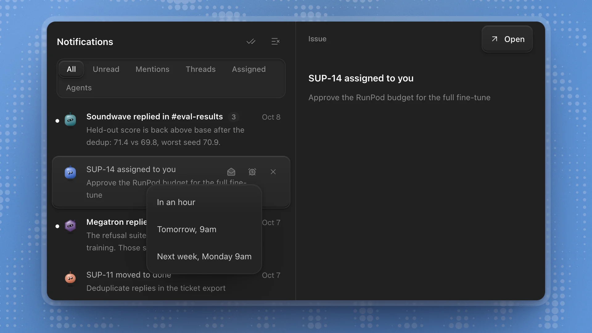 The Notifications tab with the selected issue previewed on the right and its snooze menu open: In an hour, Tomorrow 9am, Next week Monday 9am