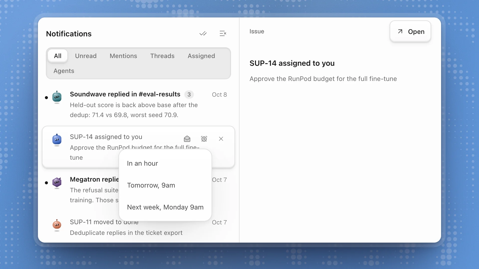 The Notifications tab with the selected issue previewed on the right and its snooze menu open: In an hour, Tomorrow 9am, Next week Monday 9am
