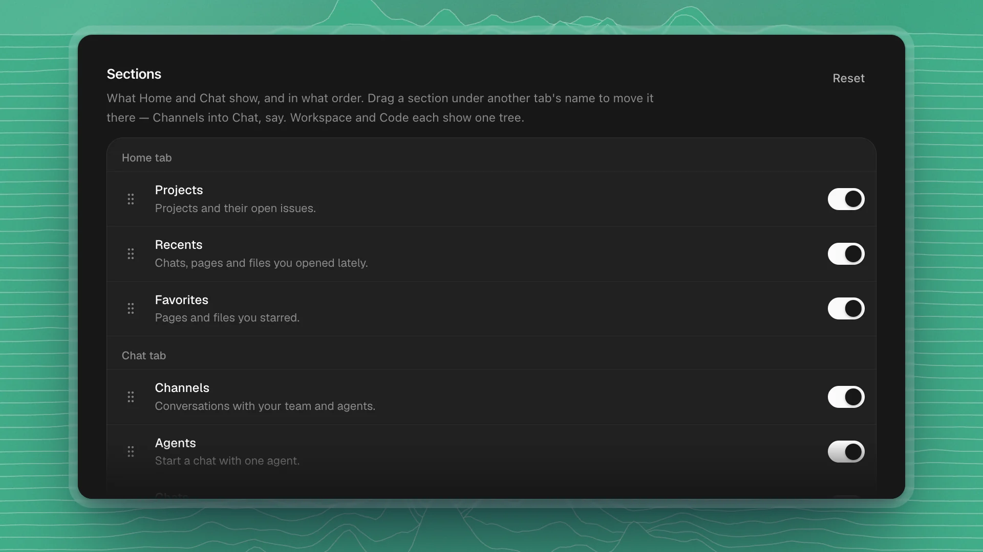 The Sections card listing Projects, Recents and Favorites under the Home tab, and Channels and Agents under the Chat tab