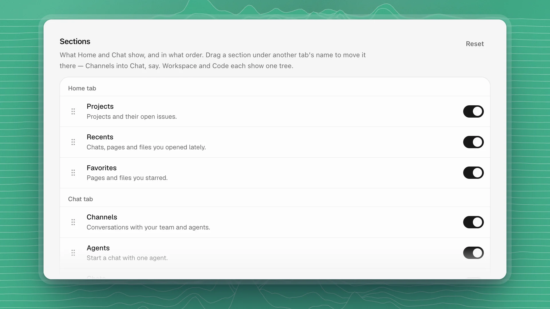 The Sections card listing Projects, Recents and Favorites under the Home tab, and Channels and Agents under the Chat tab