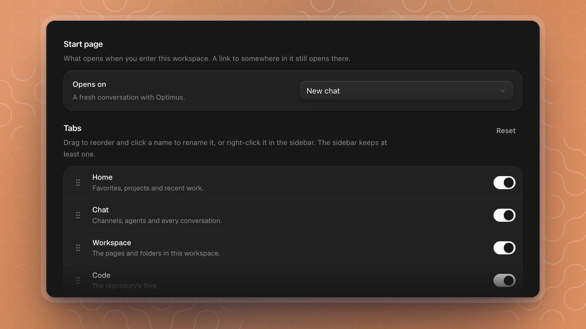Sidebar settings showing the Start page card and the Tabs list