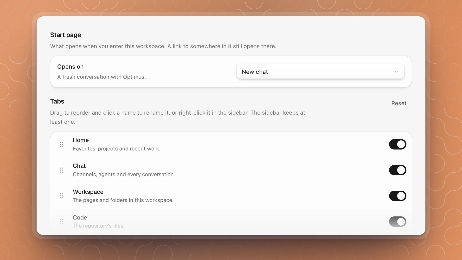 Sidebar settings showing the Start page card and the Tabs list