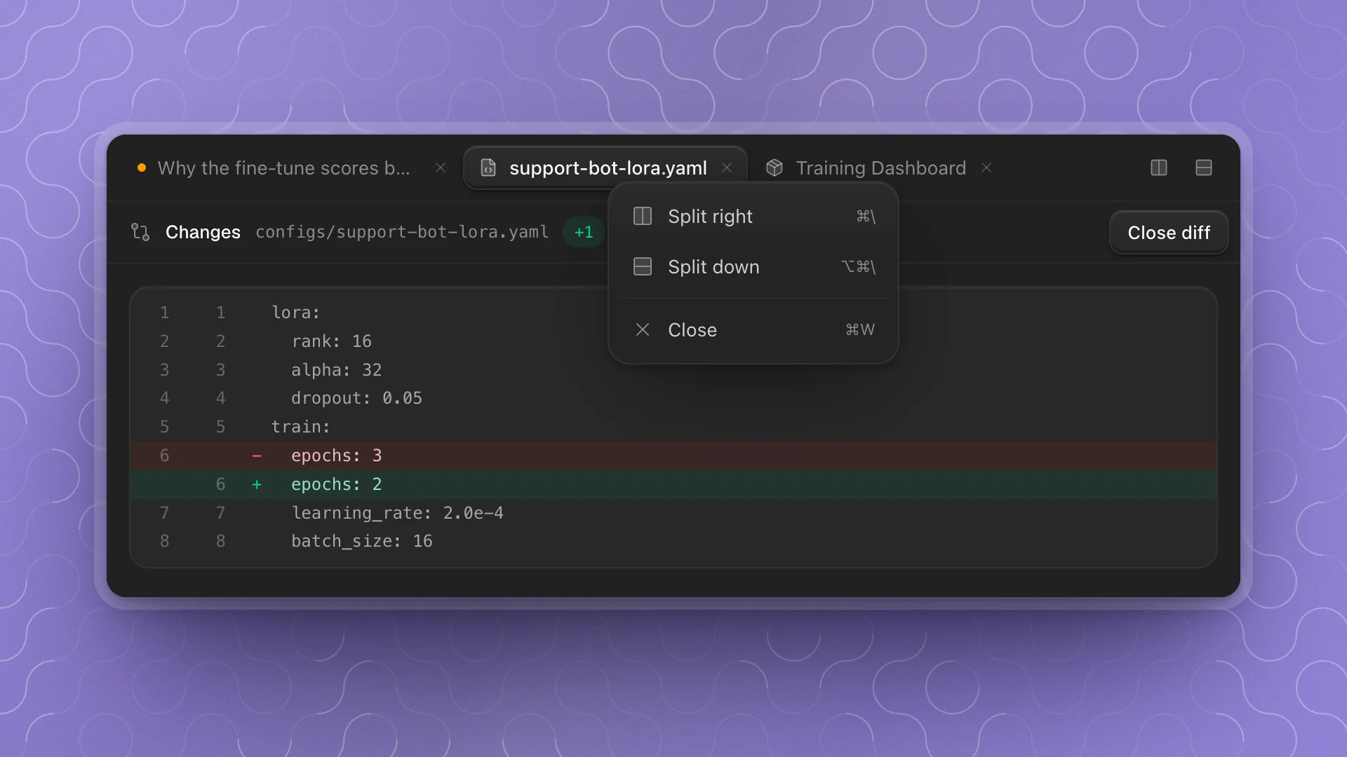 A tab strip with the config tab right-clicked, showing Split right, Split down and Close