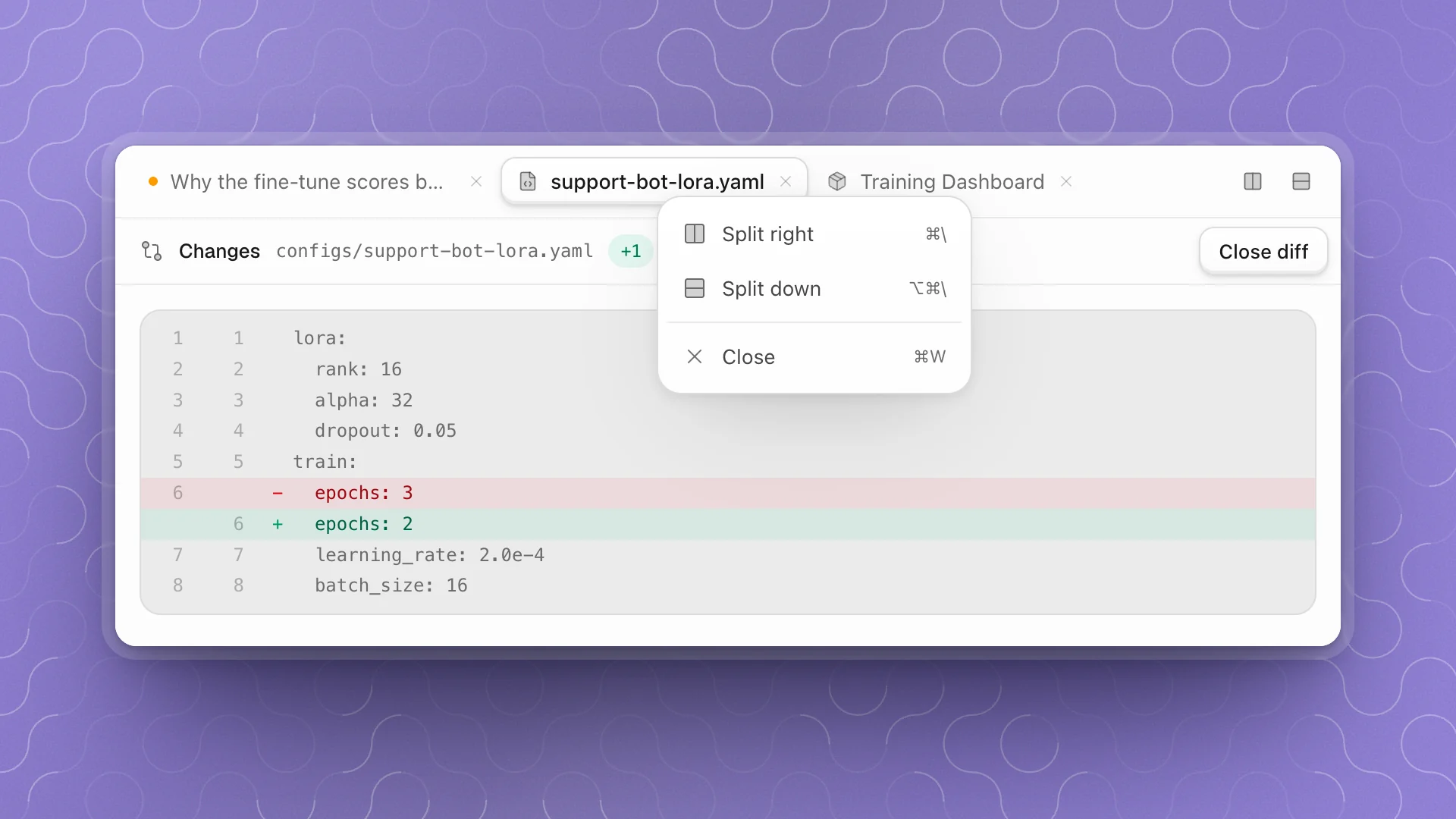 A tab strip with the config tab right-clicked, showing Split right, Split down and Close